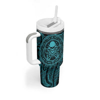 New Zealand Skull Darts Tumbler With Handle Aotearoa Maori Chest Tattoo Stylized Teal - Polynesian Pride