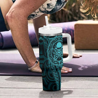 New Zealand Skull Darts Tumbler With Handle Aotearoa Maori Chest Tattoo Stylized Teal - Polynesian Pride