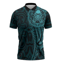 New Zealand Skull Darts Zipper Polo Shirt Aotearoa Maori Chest Tattoo Stylized Teal - Polynesian Pride