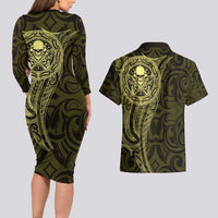 New Zealand Skull Darts Couples Matching Long Sleeve Bodycon Dress and Hawaiian Shirt Aotearoa Maori Chest Tattoo Stylized Gold - Polynesian Pride