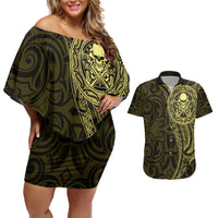New Zealand Skull Darts Couples Matching Off Shoulder Short Dress and Hawaiian Shirt Aotearoa Maori Chest Tattoo Stylized Gold - Polynesian Pride