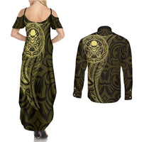 New Zealand Skull Darts Couples Matching Summer Maxi Dress and Long Sleeve Button Shirt Aotearoa Maori Chest Tattoo Stylized Gold - Polynesian Pride
