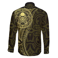 New Zealand Skull Darts Family Matching Long Sleeve Bodycon Dress and Hawaiian Shirt Aotearoa Maori Chest Tattoo Stylized Gold - Polynesian Pride