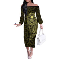 New Zealand Skull Darts Family Matching Off The Shoulder Long Sleeve Dress and Hawaiian Shirt Aotearoa Maori Chest Tattoo Stylized Gold - Polynesian Pride