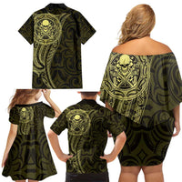 New Zealand Skull Darts Family Matching Off Shoulder Short Dress and Hawaiian Shirt Aotearoa Maori Chest Tattoo Stylized Gold - Polynesian Pride