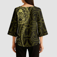 New Zealand Skull Darts Kimono Sleeve Blouse Aotearoa Maori Chest Tattoo Stylized Gold - Polynesian Pride