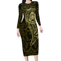 New Zealand Skull Darts Long Sleeve Bodycon Dress Aotearoa Maori Chest Tattoo Stylized Gold - Polynesian Pride