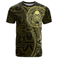 New Zealand Skull Darts T Shirt Aotearoa Maori Chest Tattoo Stylized Gold - Polynesian Pride