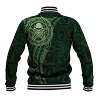 New Zealand Skull Darts Baseball Jacket Aotearoa Maori Chest Tattoo Stylized Green - Polynesian Pride