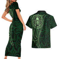 New Zealand Skull Darts Couples Matching Short Sleeve Bodycon Dress and Hawaiian Shirt Aotearoa Maori Chest Tattoo Stylized Green - Polynesian Pride