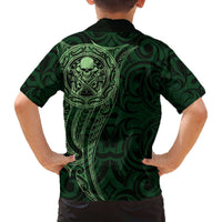 New Zealand Skull Darts Family Matching Off The Shoulder Long Sleeve Dress and Hawaiian Shirt Aotearoa Maori Chest Tattoo Stylized Green - Polynesian Pride