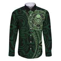 New Zealand Skull Darts Family Matching Off The Shoulder Long Sleeve Dress and Hawaiian Shirt Aotearoa Maori Chest Tattoo Stylized Green - Polynesian Pride