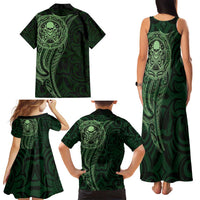 New Zealand Skull Darts Family Matching Tank Maxi Dress and Hawaiian Shirt Aotearoa Maori Chest Tattoo Stylized Green - Polynesian Pride