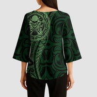 New Zealand Skull Darts Kimono Sleeve Blouse Aotearoa Maori Chest Tattoo Stylized Green - Polynesian Pride