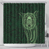 New Zealand Skull Darts Shower Curtain Aotearoa Maori Chest Tattoo Stylized Green - Polynesian Pride