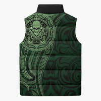 New Zealand Skull Darts Sleeveless Puffer Jacket Aotearoa Maori Chest Tattoo Stylized Green - Polynesian Pride