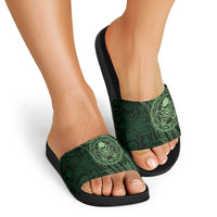 New Zealand Skull Darts Slide Sandals Aotearoa Maori Chest Tattoo Stylized Green - Polynesian Pride