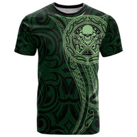 New Zealand Skull Darts T Shirt Aotearoa Maori Chest Tattoo Stylized Green - Polynesian Pride