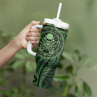 New Zealand Skull Darts Tumbler With Handle Aotearoa Maori Chest Tattoo Stylized Green - Polynesian Pride