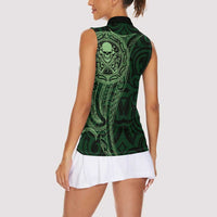 New Zealand Skull Darts Women Sleeveless Polo Shirt Aotearoa Maori Chest Tattoo Stylized Green - Polynesian Pride