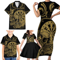 New Zealand Darts Family Matching Short Sleeve Bodycon Dress and Hawaiian Shirt Skull In Dart We Trust Maori Pattern - Polynesian Pride