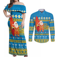 Tuvalu Christmas Couples Matching Off Shoulder Maxi Dress and Long Sleeve Button Shirt Cute Santa Manuia te Kilisimasi - Polynesian Pride