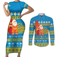 Tuvalu Christmas Couples Matching Short Sleeve Bodycon Dress and Long Sleeve Button Shirt Cute Santa Manuia te Kilisimasi - Polynesian Pride