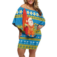 Tuvalu Christmas Off Shoulder Short Dress Cute Santa Manuia te Kilisimasi - Polynesian Pride