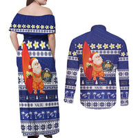 Nauru Christmas Couples Matching Off Shoulder Maxi Dress and Long Sleeve Button Shirt Cute Santa Coat Of Arms Merry Xmas - Polynesian Pride