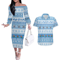 FSM Christmas Couples Matching Off The Shoulder Long Sleeve Dress and Hawaiian Shirt Merry Xmas Federated States of Micronesia - Polynesian Pride