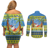 Palau Christmas Couples Matching Off Shoulder Short Dress and Long Sleeve Button Shirt Chilling Santa Ungil Kurismas - Polynesian Pride
