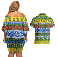 Solomon Islands Christmas Couples Matching Off Shoulder Short Dress and Hawaiian Shirt The Solomons Melanesian Meri Krismas - Polynesian Pride