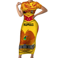 Custom Papua New Guinea Rugby Short Sleeve Bodycon Dress 2023 Go Kumuls Pacific Dynamic Style LT14 Long Dress Yellow - Polynesian Pride