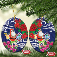 Guam Christmas Ceramic Ornament Poinsettia With Bougainvillea - Felis Pasgua! LT14 Oval Blue - Polynesian Pride