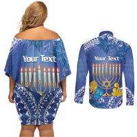 Personalised Hanukkah Jewish Festival Couples Matching Off Shoulder Short Dress and Long Sleeve Button Shirt It's Lit - Polynesian Pattern LT14 - Polynesian Pride