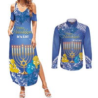 Personalised Hanukkah Jewish Festival Couples Matching Summer Maxi Dress and Long Sleeve Button Shirt It's Lit - Polynesian Pattern LT14 Blue - Polynesian Pride