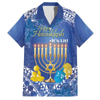Personalised Hanukkah Jewish Festival Family Matching Off The Shoulder Long Sleeve Dress and Hawaiian Shirt It's Lit - Polynesian Pattern LT14 Dad's Shirt - Short Sleeve Blue - Polynesian Pride