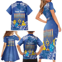 Personalised Hanukkah Jewish Festival Family Matching Short Sleeve Bodycon Dress and Hawaiian Shirt It's Lit - Polynesian Pattern
