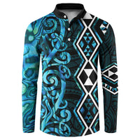 Turquoise Aotearoa Button Sweatshirt Taniko Motifs With Paua Shell Kowhaiwhai LT14 Turquoise - Polynesian Pride