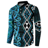 Turquoise Aotearoa Button Sweatshirt Taniko Motifs With Paua Shell Kowhaiwhai LT14 - Polynesian Pride