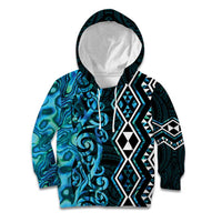Turquoise Aotearoa Kid Hoodie Taniko Motifs With Paua Shell Kowhaiwhai