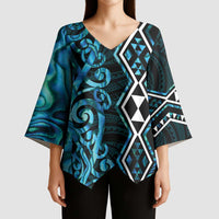 Turquoise Aotearoa Kimono Sleeve Blouse Taniko Motifs With Paua Shell Kowhaiwhai - Polynesian Pride