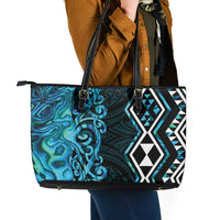 Turquoise Aotearoa Leather Tote Bag Taniko Motifs With Paua Shell Kowhaiwhai LT14 - Polynesian Pride