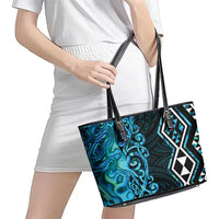 Turquoise Aotearoa Leather Tote Bag Taniko Motifs With Paua Shell Kowhaiwhai LT14 - Polynesian Pride