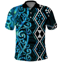 Turquoise Aotearoa Polo Shirt Taniko Motifs With Paua Shell Kowhaiwhai
