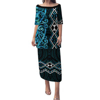 Turquoise Aotearoa Puletasi Taniko Motifs With Paua Shell Kowhaiwhai LT14 Long Dress Turquoise - Polynesian Pride