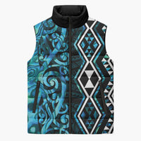 Turquoise Aotearoa Sleeveless Puffer Jacket Taniko Motifs With Paua Shell Kowhaiwhai - Polynesian Pride