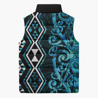 Turquoise Aotearoa Sleeveless Puffer Jacket Taniko Motifs With Paua Shell Kowhaiwhai - Polynesian Pride