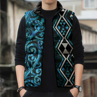 Turquoise Aotearoa Sleeveless Puffer Jacket Taniko Motifs With Paua Shell Kowhaiwhai - Polynesian Pride
