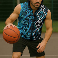 Turquoise Aotearoa Sleeveless Zip Hoodie Taniko Motifs With Paua Shell Kowhaiwhai LT14 - Polynesian Pride